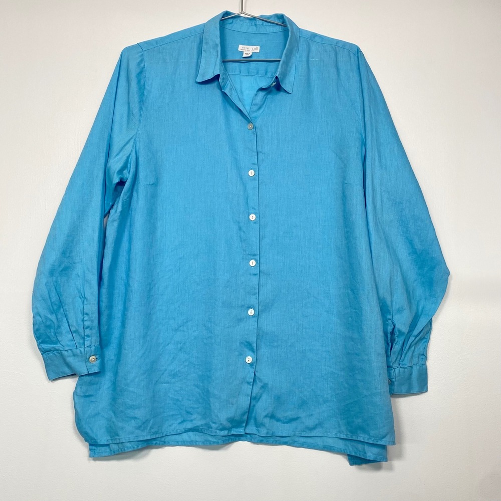 J. Jill Women Button Down Shirt Large Blue Love Linen Essential Long Sleeve Top